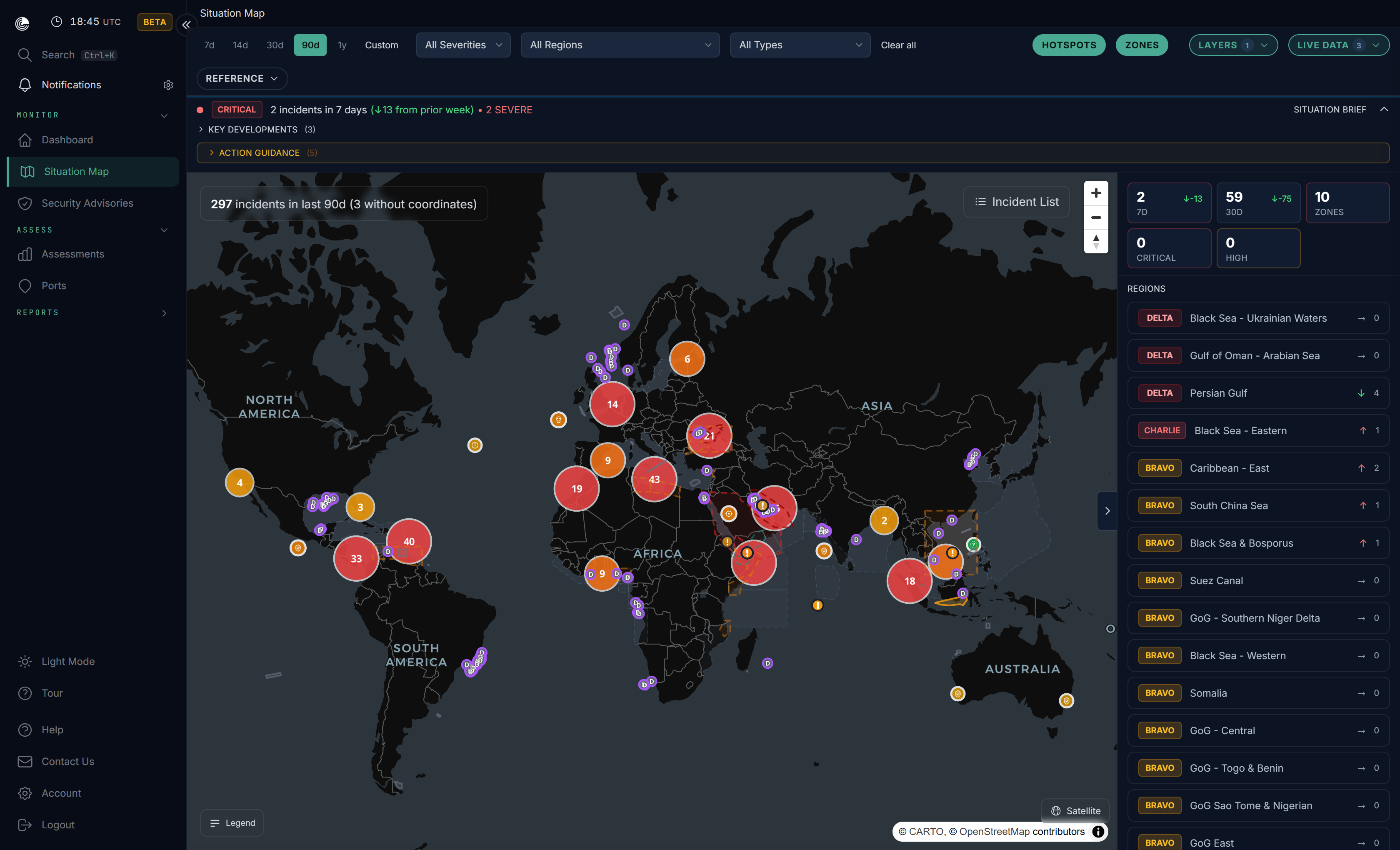 Verihelm situation map showing maritime risk across regions