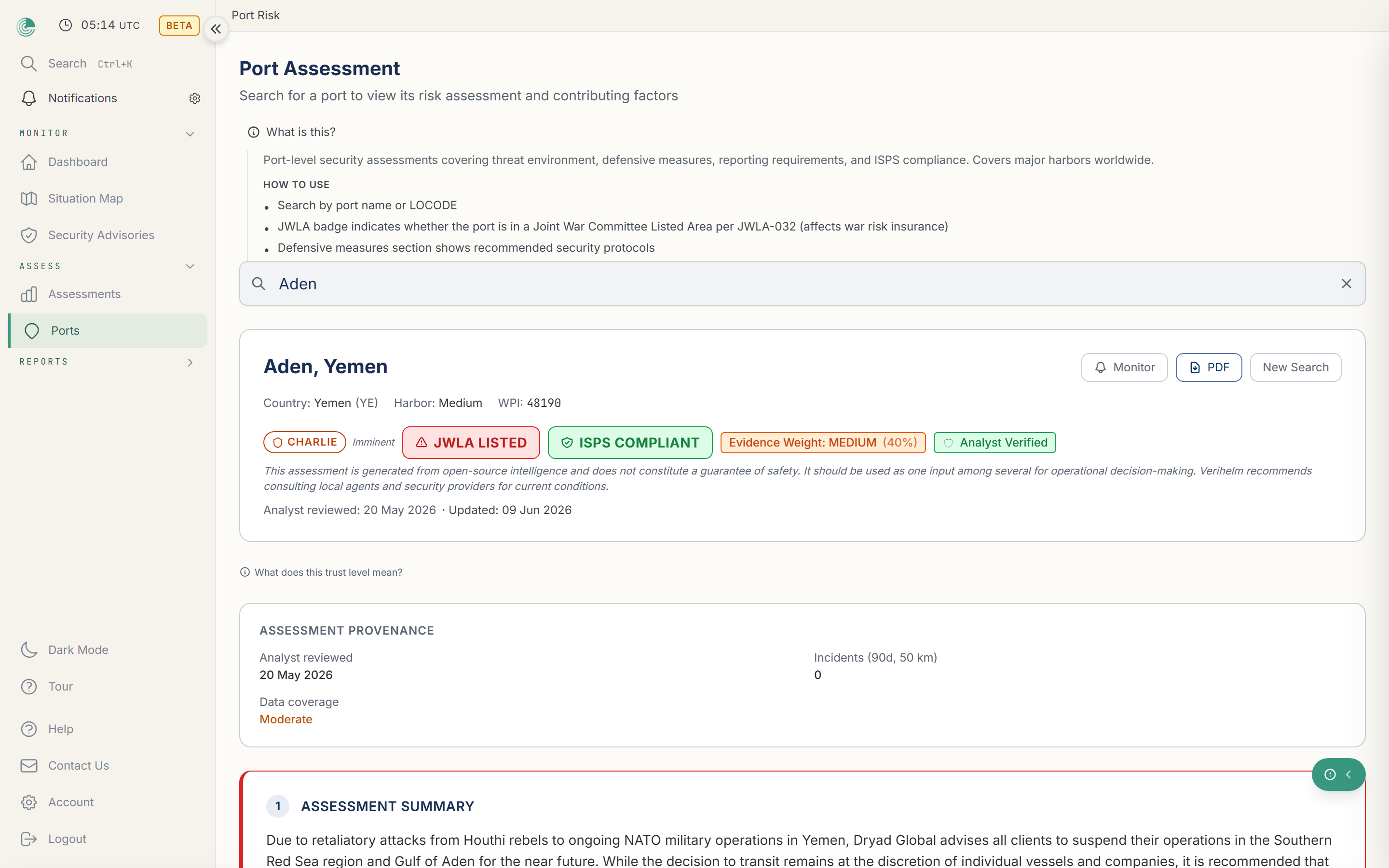 Verihelm port risk assessment: THREATCON level, JWC and ISPS context, provenance, and assessment summary