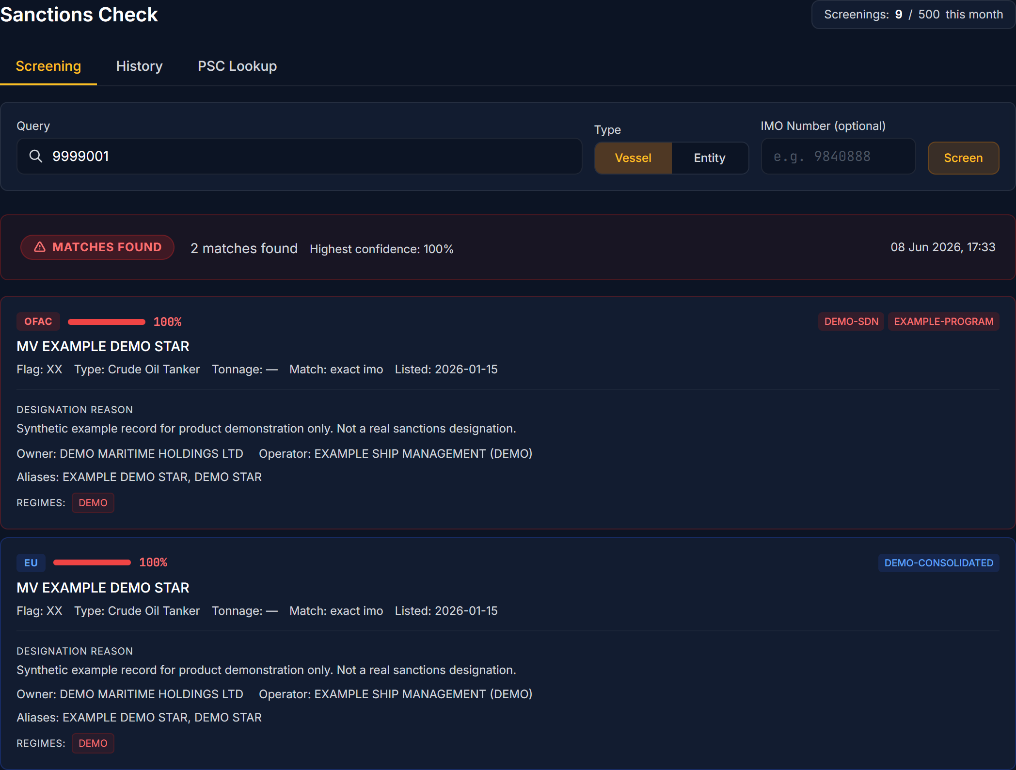 Verihelm sanctions screening across OFAC, EU and UK lists